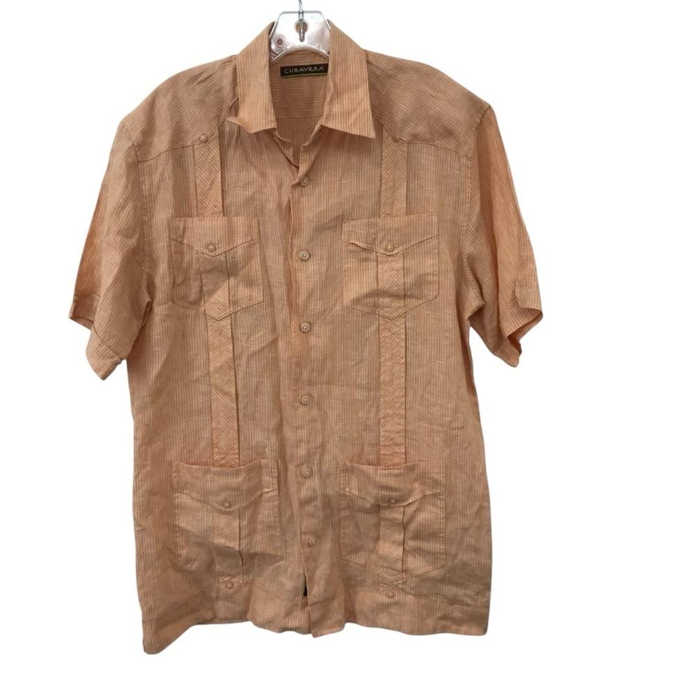 Cubavera Men’s Panel Linen Guayabera Shirt Orange Size Medium
